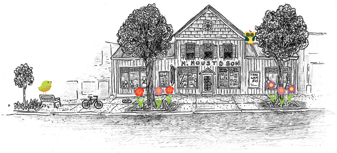 Drawing of Houst Hardware storefront with flowers-birds
