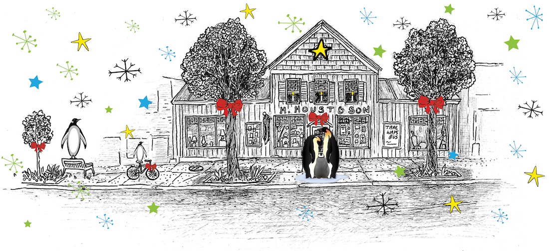 Houst Hardware storefront illustration by Thorneater Comics shows storefront trees with stars snowflakes penguins and red bows in trees and above the front door